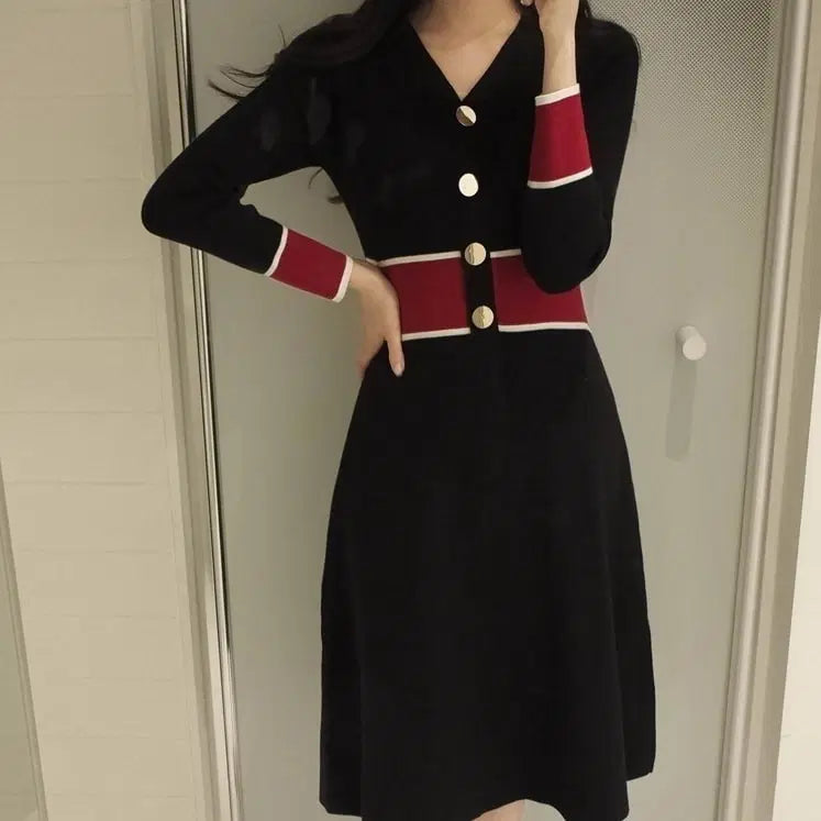 [BUNJANG] Black & Red Colorblock Knit Dress / 블랙 레드 배색 니트 원피스