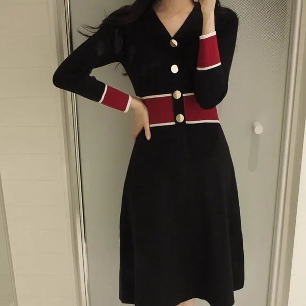 [BUNJANG] Black & Red Colorblock Knit Dress / 블랙 레드 배색 니트 원피스