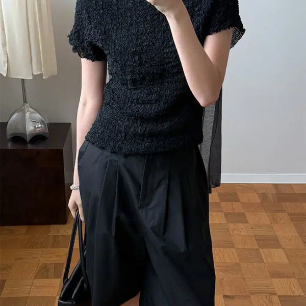 [BUNJANG] KINDABEFGE Ripple Wrinkle Blouse Top Black / 킨다베이지 리플 링클 블라우스 탑 블랙