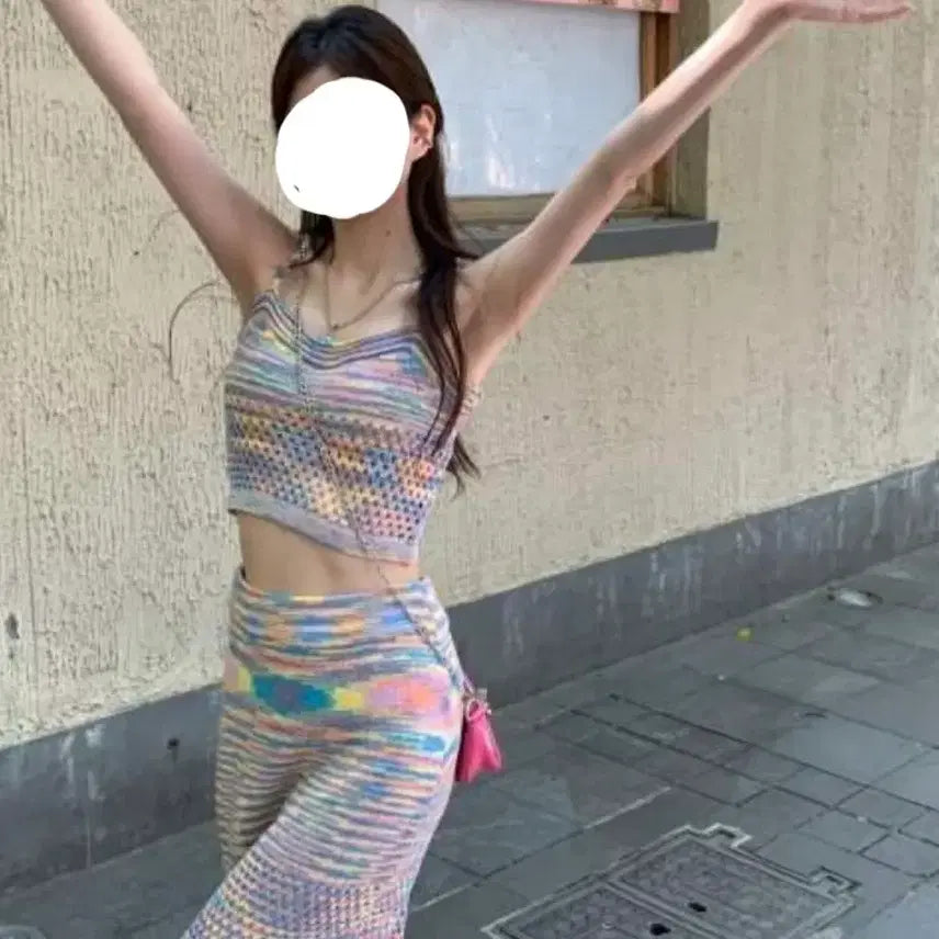 [BUNJANG] Pastel Rainbow Knit Crop Top & Long Skirt Set / 파스텔 레인보우 니트 크롭탑 & 롱스커트 세트