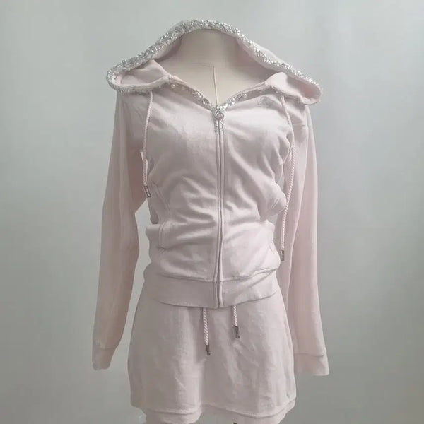 [BUNJANG] Radi Cubic Velvet Velour Hood Zip-up Set Pink / 라디 연핑크 쥬얼 셋업 벨벳 벨로아 후드집업 세트 갸루 오네갸루 히메갸루 일본빈티지