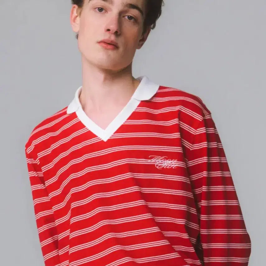 [BUNJANG] Moonseon Stripe V-Neck Rugby Long Sleeve T-Shirt / 문선 스트라이프 브이넥 럭비 긴팔 티셔츠