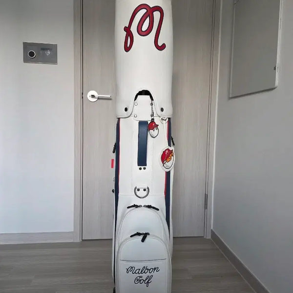 [BUNJANG] Malbon Golf Bag White/Navy with 2 White Covers / 말본 골프백 화이트/네이비,화이트 커버 2개 포함