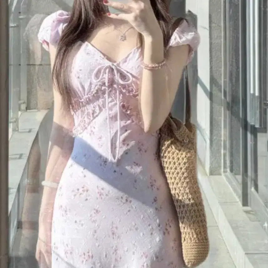 [BUNJANG] Lilac Floral Puff Sleeve Dress / 연보라 플라워 퍼프소매 원피스