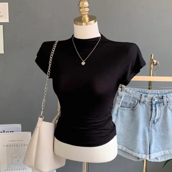 [BUNJANG] Mock Neck Turtle Neck Spandex Short Sleeve T-Shirt / 반목폴라 터틀넥 스판 반팔티