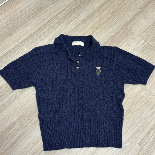 [BUNJANG] Ablley Embroidered Bear Collar T-Shirt Navy / 에이블리 반팔니트 카라티 곰돌이 자수 네이비