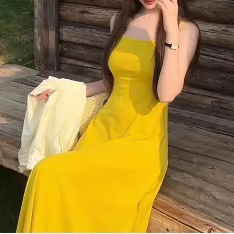 [BUNJANG] Yellow Square Neck Sleeveless Maxi Dress / 옐로우 스퀘어넥 나시 롱 원피스 L(새상품)