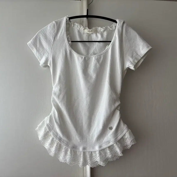 [BUNJANG] Lace Frill Short Sleeve T-Shirt (Set of 2) / 레이스 프릴 반팔 티셔츠 (2개 가격)