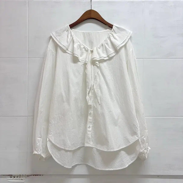 [BUNJANG] KBF White Frill Bohemian Cotton Blouse (Free Size) / KBF 화이트 프릴 보헤미안 코튼 블라우스 F JPN