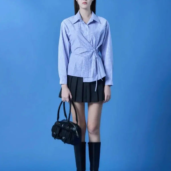 [BUNJANG] Collut Wrap Collar Slim Fit Stripe Long Sleeve Shirt Sky Blue / 콜릿 랩카라 끈 슬림핏 스트라이프 긴팔셔츠 스카이블루
