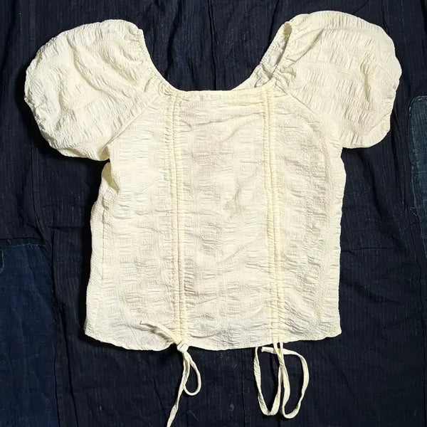[BUNJANG] Vintage Crinkle Droustiring Crop Blouse / 빈티지 크링클 드로스트링 크롭 블라우스 F