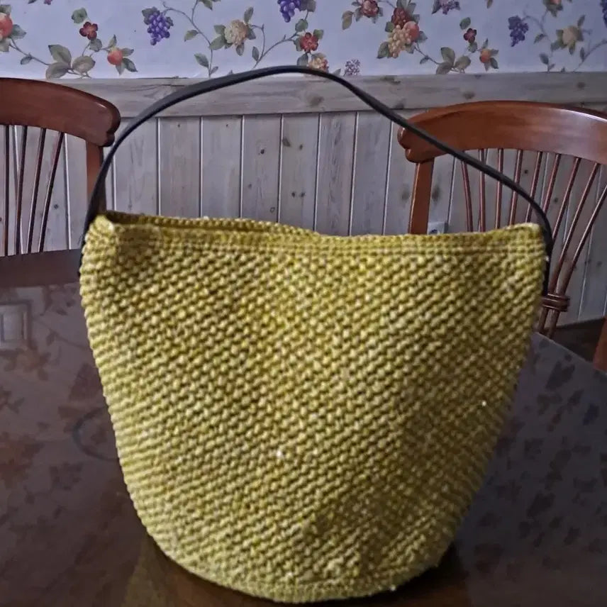 [BUNJANG] Leather Handle Raffia Bucket Bag / 가죽핸들 버킷백 라피아 가방