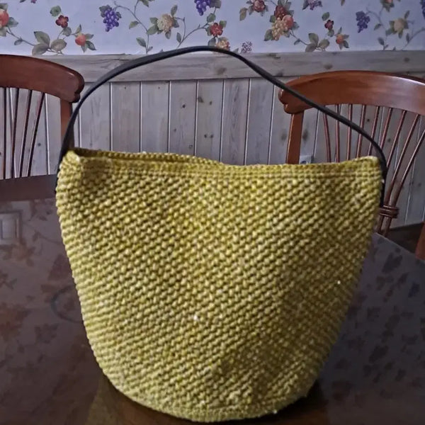 [BUNJANG] Leather Handle Raffia Bucket Bag / 가죽핸들 버킷백 라피아 가방
