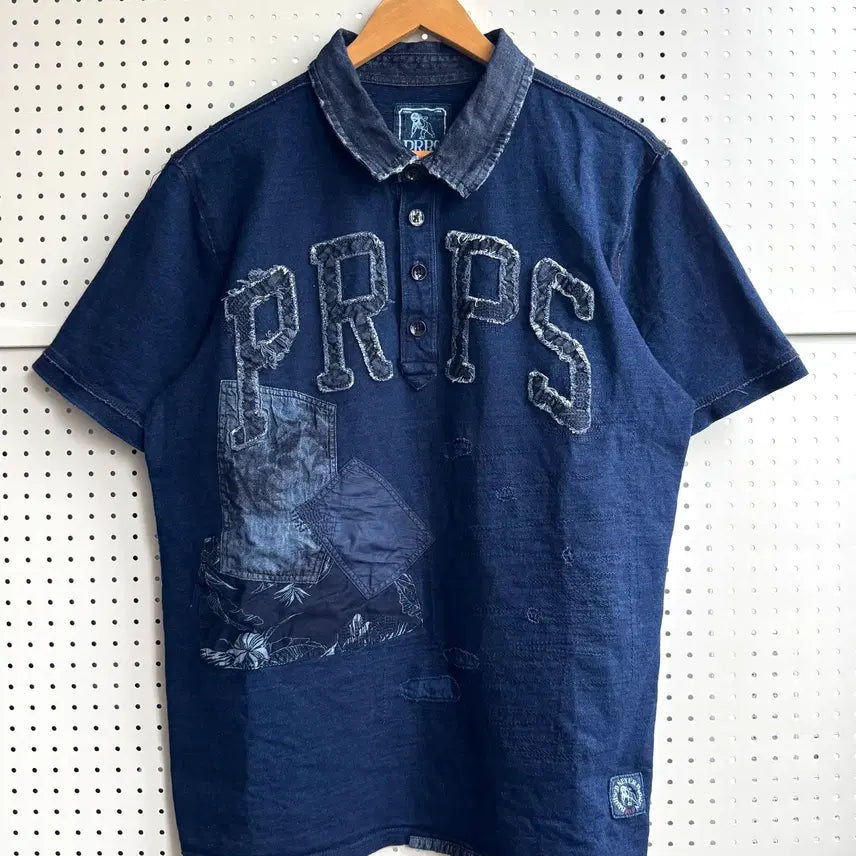 [BUNJANG] PRPS Indigo Denim Repair Boro Polo Shirt XL / Prps 인디고 데님 리페어 보로 폴로 셔츠