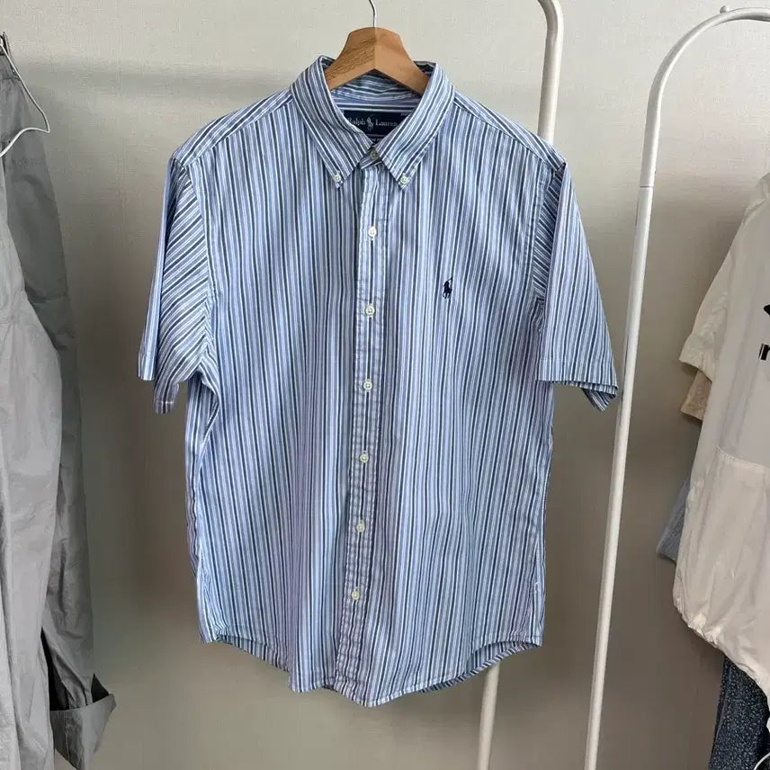 [BUNJANG] Polo Ralph Lauren Striped Shirt Men's L Sky Blue / 폴로 랄프로렌 스트라이프 셔츠 하늘 여름 남성 100 L
