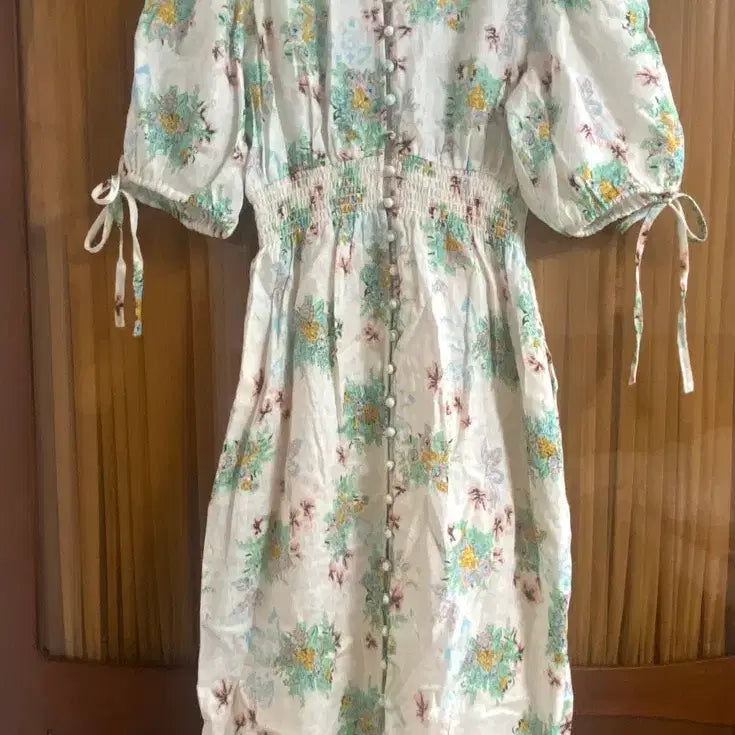 [BUNJANG] Linen Flower Pattern Puff Sleeve Dress - New / 플라워 패턴 퍼프소매 원피스(린넨)-새상품