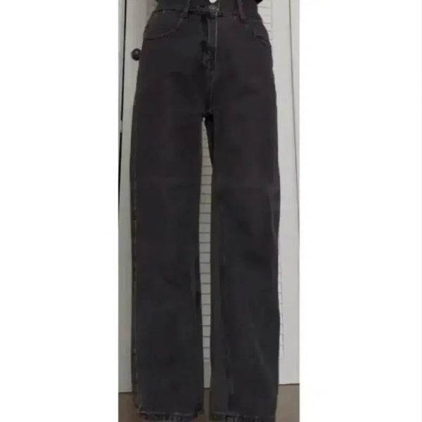 [BUNJANG] Two-Button Waistband Wide Straight Pants (Black Denim) / 투버튼 허리밴딩 와이드 일자 팬츠 (흑청)