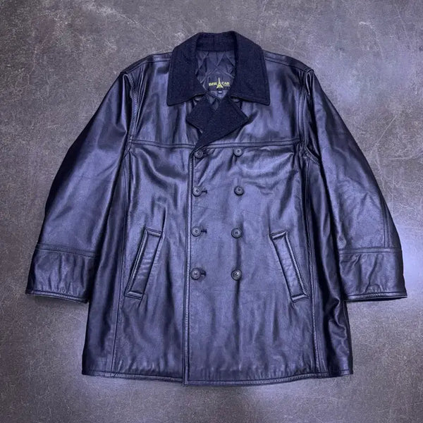 [BUNJANG] Braga Wool Collar Lambskin Pea Coat Leather Jacket / 브라가 울 카라넥 양가죽 피코트 레더자켓 코트 100