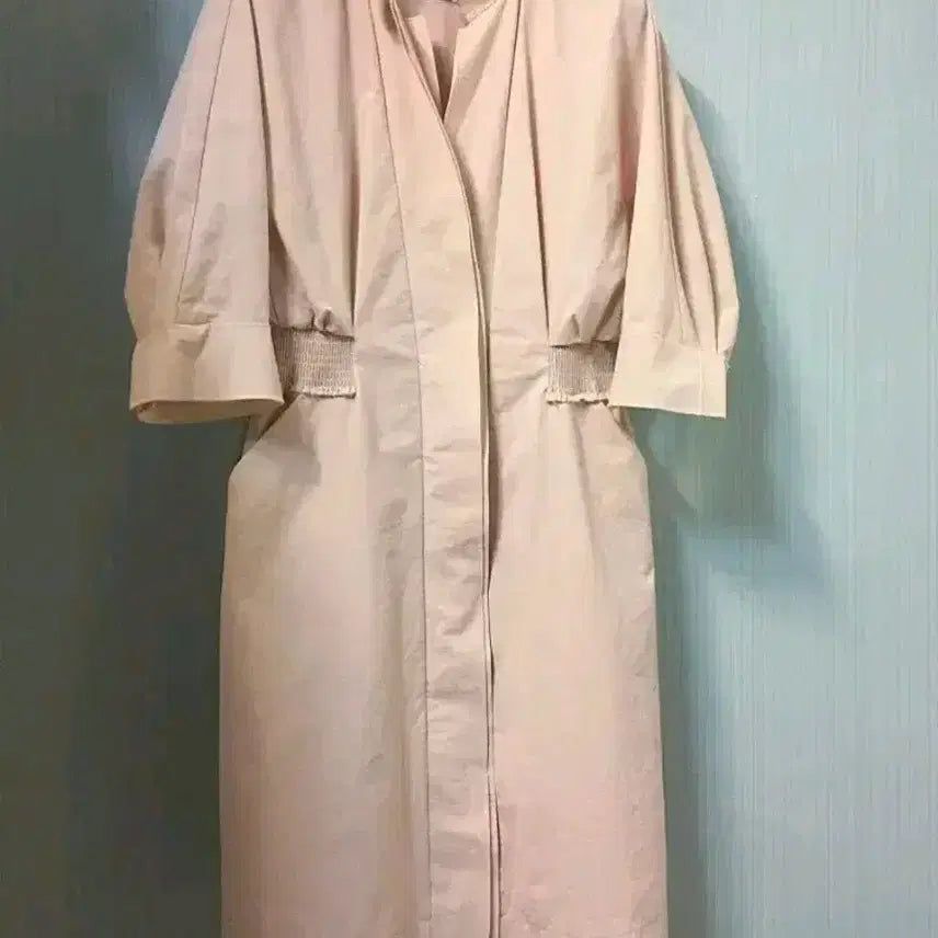 [BUNJANG] MINE Beige Ribbed Waist Zip-Up Short Sleeve Mini Dress / 마인 MINE 허리 밴딩 집업 반팔고급 미니 원피스