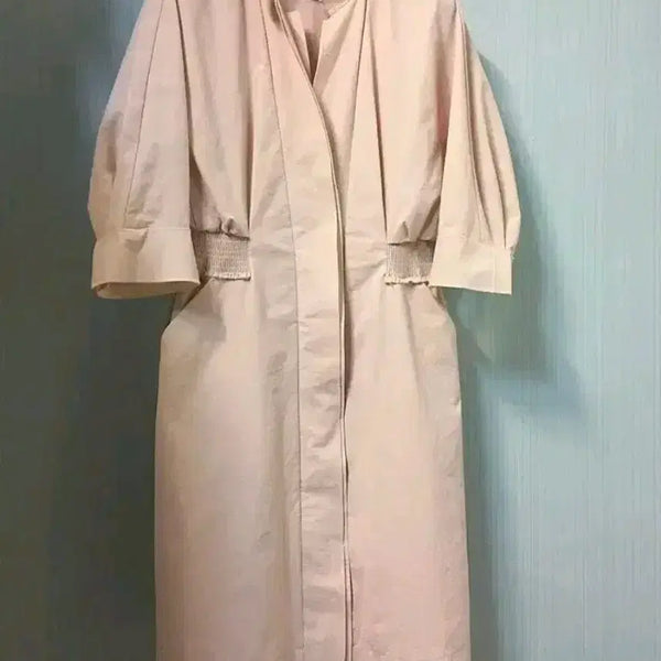 [BUNJANG] MINE Beige Ribbed Waist Zip-Up Short Sleeve Mini Dress / 마인 MINE 허리 밴딩 집업 반팔고급 미니 원피스