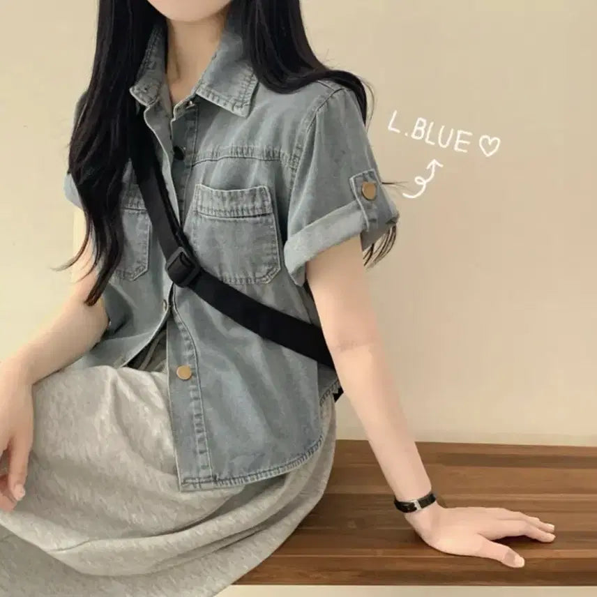 [BUNJANG] Vintage Washed Semi-Crop Denim Shirt Jacket / 빈티지 워싱 밑단굴림 세미크롭 데님셔츠 자켓 여름 반팔 청남방 자켓
