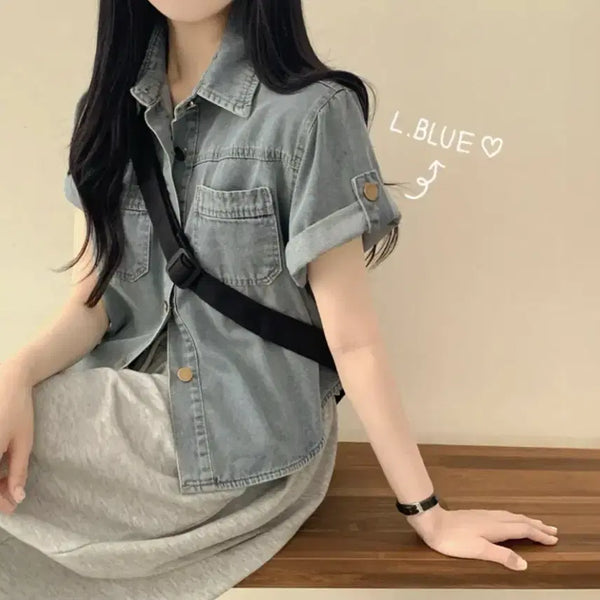 [BUNJANG] Vintage Washed Semi-Crop Denim Shirt Jacket / 빈티지 워싱 밑단굴림 세미크롭 데님셔츠 자켓 여름 반팔 청남방 자켓