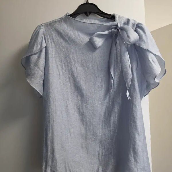 [BUNJANG] Women's Short-Sleeve Tulip Sleeve Blouse / 예식 하객용 정장 여성 블루 블라우스 반팔 튤립소매