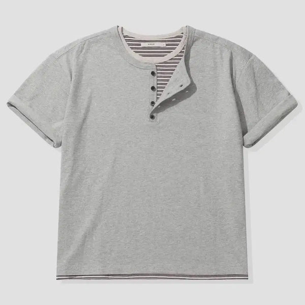 [BUNJANG] KIMUER Striped Layered Henry Neck Cropped T-Shirt (M) / [M] 키뮤어 크롭 스트라이프 레이어드 헨리넥 반팔