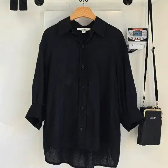 [BUNJANG] SJ WANI Black Linen 100% 7-Sleeve Puff Sleeve Shirt Blouse / [55~77]SJ WANI 블랙 린넨 100% 7부 퍼프 소매 셔츠 블라우스