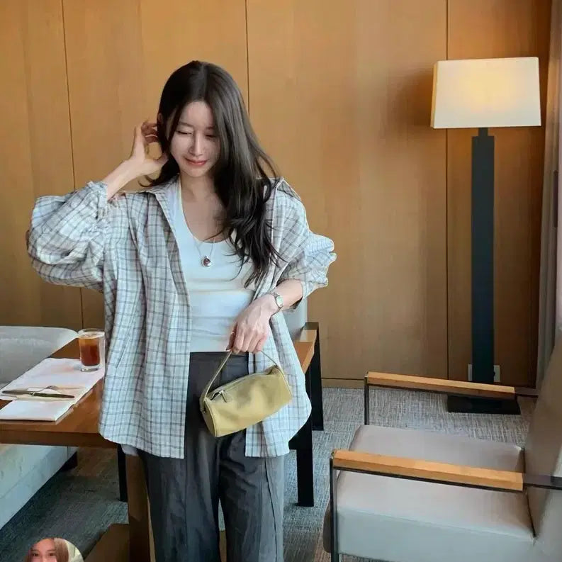 [BUNJANG] Love Me More Rough Check Shirt Beige / 러브미우 러프 체크 셔츠 남방 베이지