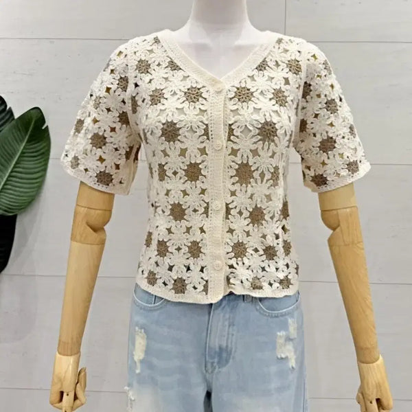 [BUNJANG] 8CONCEPT Crochet Flower Short Sleeve Cardigan / 에잇컨셉 8CONCEPT 크로셰 플라워 반팔 가디건 여름 크롭가디건