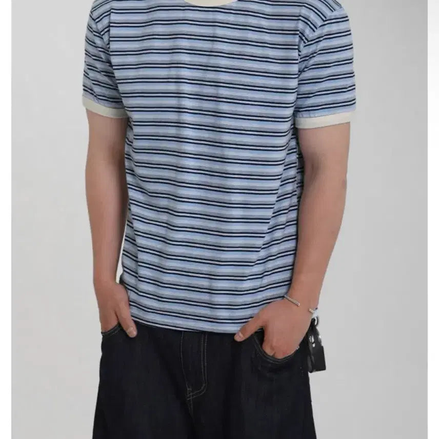 [BUNJANG] Striped Ringer Short Sleeve T-Shirt Sky Blue / 스트라이프 링거 반팔티셔츠 하늘 스카이블루