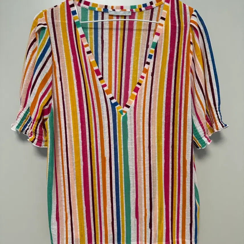 [BUNJANG] Zara Rainbow Multi Stripe Puff Sleeve Blouse / 정품 자라 Zara  퍼프소매 볼륨소매 레인보우 멀티 스트라이프 패턴 블라우스 거의 새상품