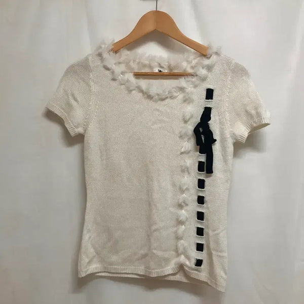 [BUNJANG] Black Ribbon Faux Fur Short Sleeve Knit / 블랙 리본 퍼 반팔 니트