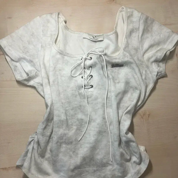 [BUNJANG] Marled Line Off-Shoulder Crop Short Sleeve Top / 보카시 라인 오프숄더 크롭 반팔