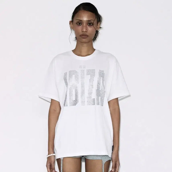 [BUNJANG] Fancy Club Ibiza Rhinestone T-Shirt (White) / 팬시클럽 이비자 라인스톤 티 (WHITE)