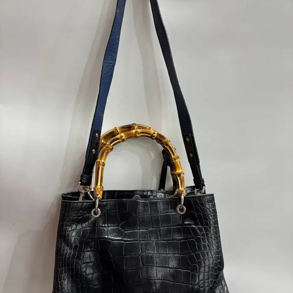 [BUNJANG] Claudia Firenze Black Crocodile Bamboo Top Handle Shoulder Bag / [가로 23 / 세로 22] 클라우디아 피렌체 블랙 크로커다일 뱀부 토트백 숄더백 5.0
