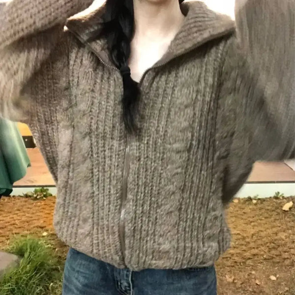 [BUNJANG] Teddy Hachi Knit Zip-Up Khaki / 에이블리 테디 하찌 니트 집업 카키