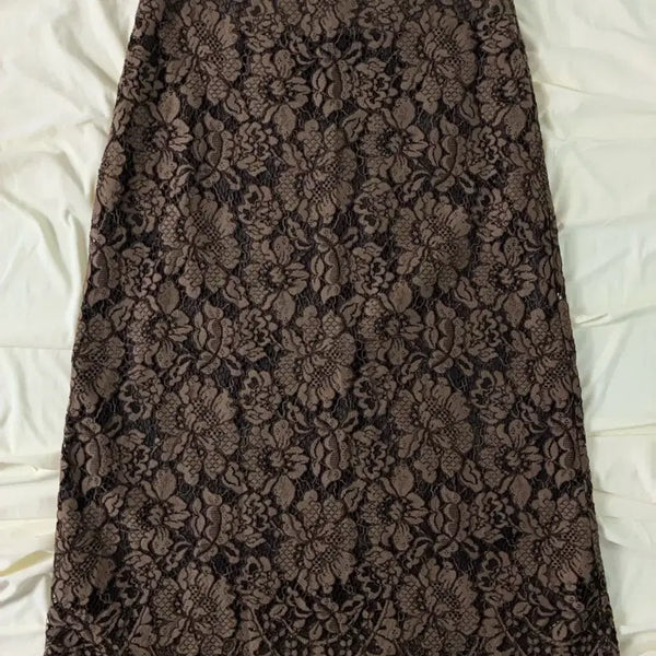 [BUNJANG] Brown Flower Lace Long Skirt / 브라운 플라워 레이스 롱스커트