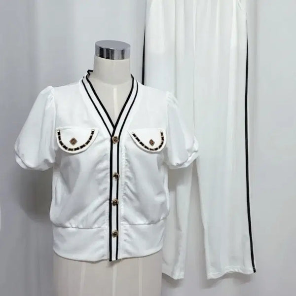 [BUNJANG] White Gold Button Chiffon Cardigan & Color-Block Wide Pants Two-Piece Set / 화이트 골드 버튼 쉬폰 가디건 배색 와이드팬츠 투피스세트 여름셋업 하객룩 출근룩 데일리룩 66사이즈