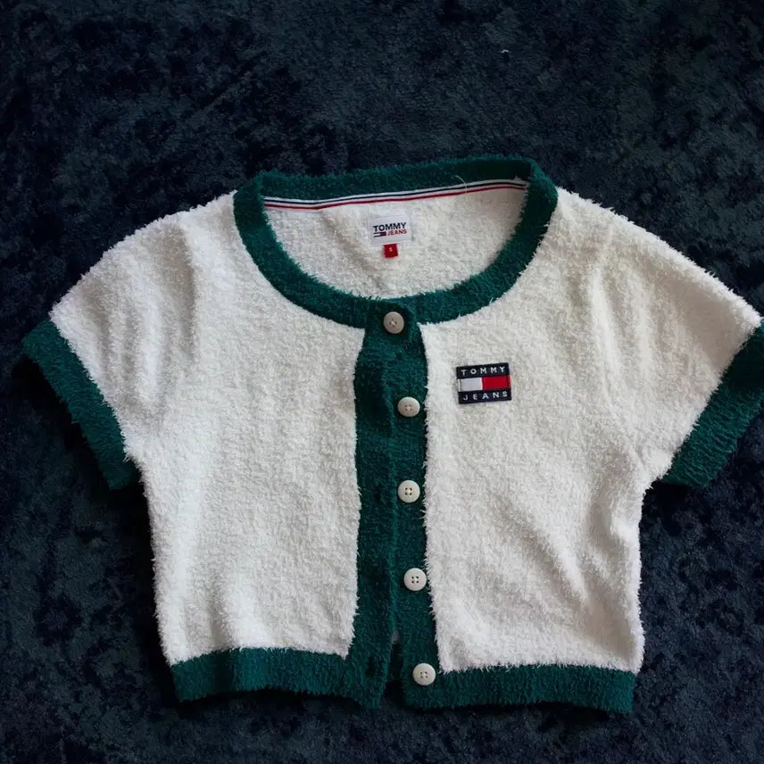 [BUNJANG] Tommy Jeans Terry Short Sleeve Cardigan White Green / 타미진스 테리 반팔 가디건 화이트 그린