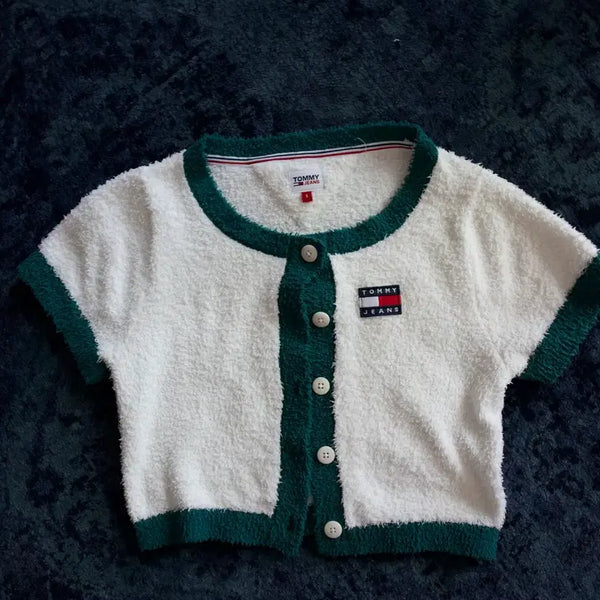 [BUNJANG] Tommy Jeans Terry Short Sleeve Cardigan White Green / 타미진스 테리 반팔 가디건 화이트 그린