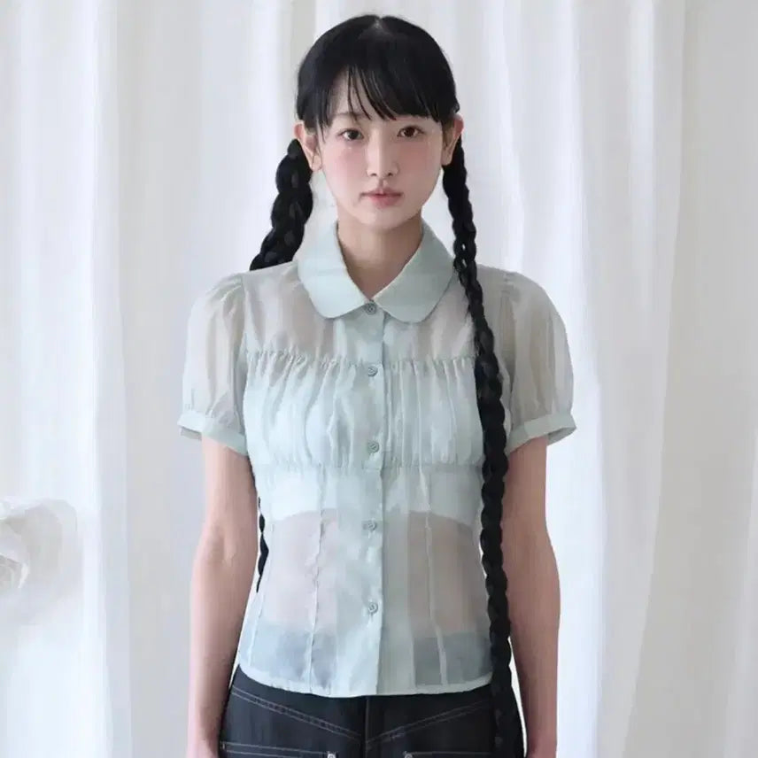 [BUNJANG] Mireco See-Through Blouse - Pistachio Mint / 미레코 시스루 블라우스 피스타치오 민트색