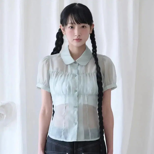 [BUNJANG] Mireco See-Through Blouse - Pistachio Mint / 미레코 시스루 블라우스 피스타치오 민트색