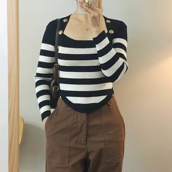 [BUNJANG] Women's Striped Long-Sleeve Knit with Gold Button Detail, Slim Fit / (F)여성 긴팔 니트 스트라이프 금장 단추 슬림핏