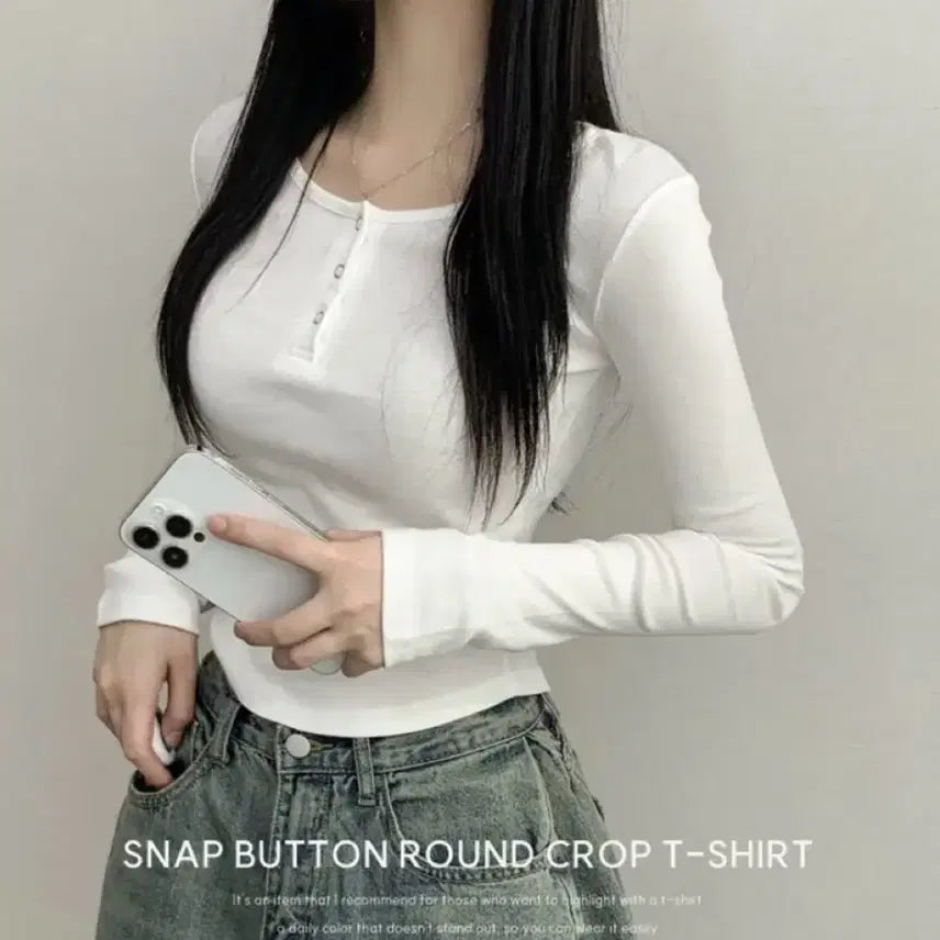 [BUNJANG] Button Detail Cropped U-Neck Long Sleeve T-Shirt White / 또또버튼 단추 크롭 유넥 긴팔 티셔츠 화이트