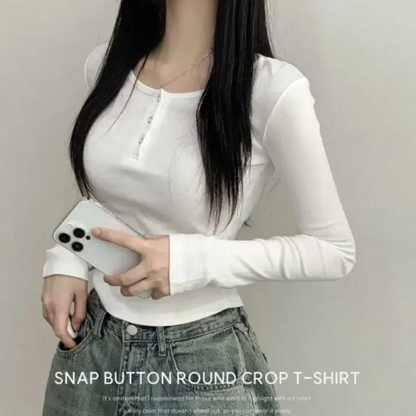 [BUNJANG] Button Detail Cropped U-Neck Long Sleeve T-Shirt White / 또또버튼 단추 크롭 유넥 긴팔 티셔츠 화이트
