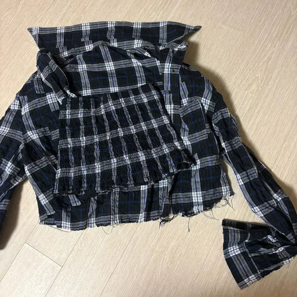 [BUNJANG] Checkered Shantung Crop Shirt / 체크 남방크롭