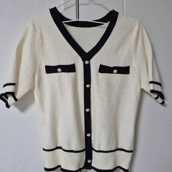 [BUNJANG] White Black Knit Cardigan (Size 55) / 화이트 블랙 니트배색 55
