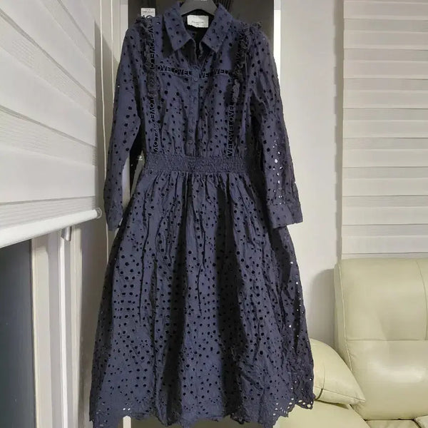 [BUNJANG] Bernice Punching Lace Collar Midi Dress Navy S / (최종) 베르니스 펀칭 레이스 카라 미디 네이비 원피스 S